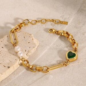 Gold Bracelet with Green Heart Charm and Pearl Accents
